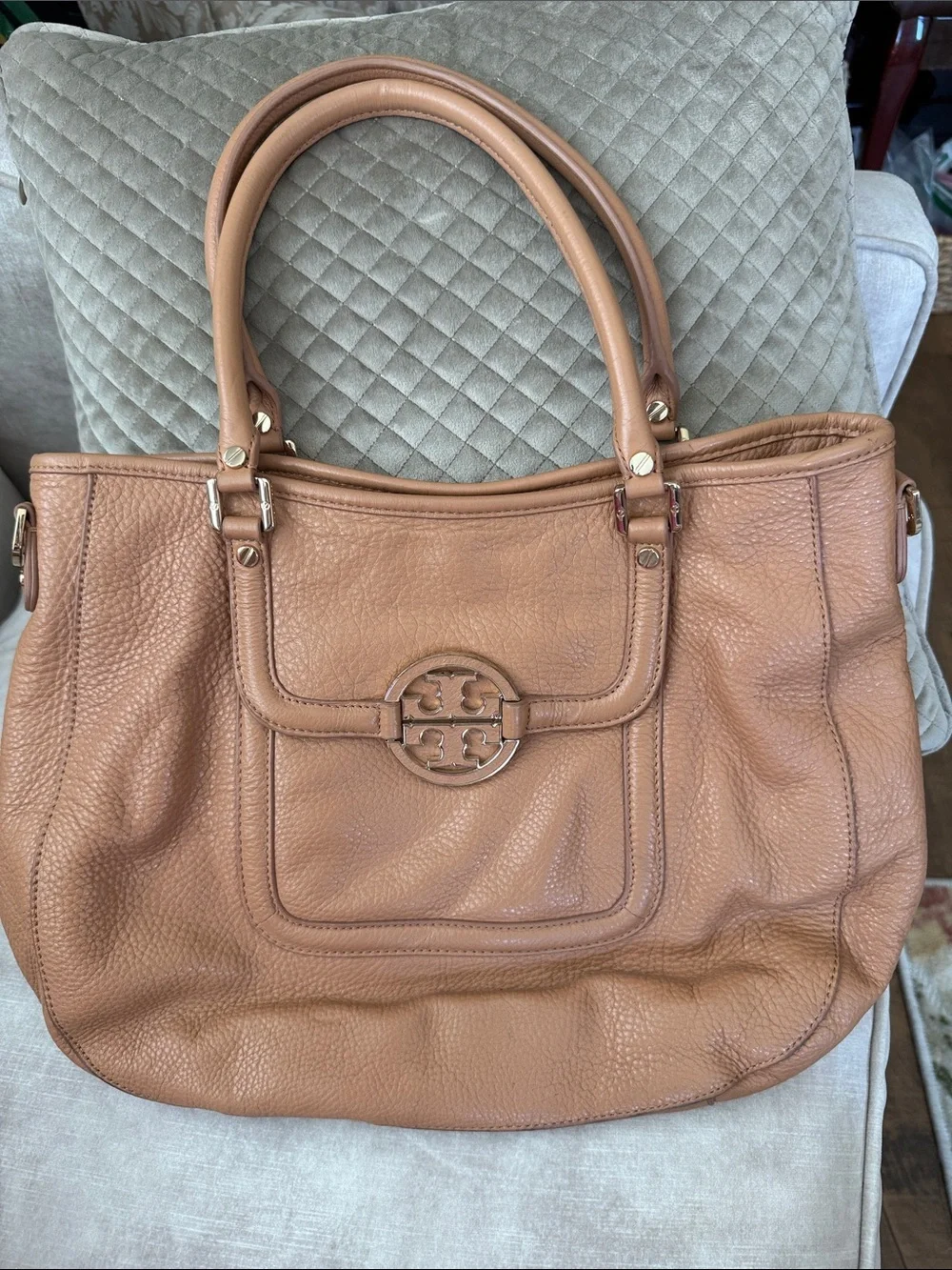 Tory Burch Tan Pebbled Leather Tote with Logo Emblem